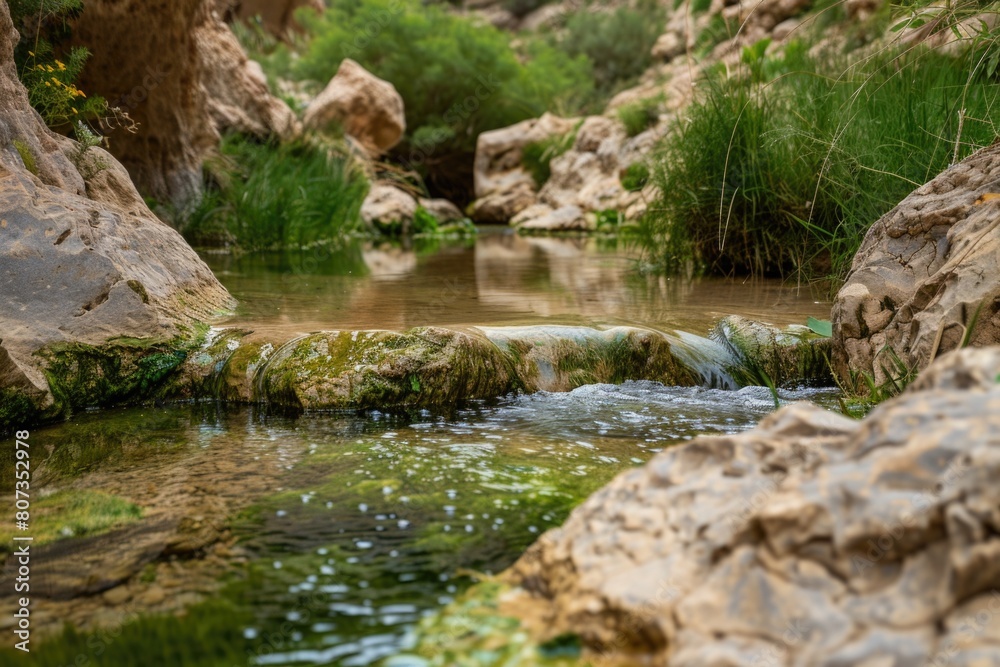 A stream flowing through a lush green forest. Perfect for nature and outdoor themed projects A stream flowing through a lush green forest. Perfect for nature and outdoor themed projects