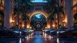 An 8K wallpaper of a luxury hotel entrance with a grand porte-coch??re, valets in uniform, and a line of high-end cars, under a beautifully lit archway.
