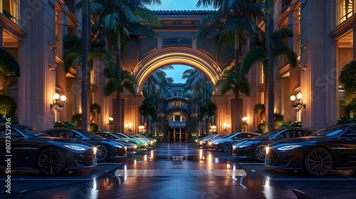 An 8K wallpaper of a luxury hotel entrance with a grand porte-coch??re, valets in uniform, and a line of high-end cars, under a beautifully lit archway. © Love Mohammad