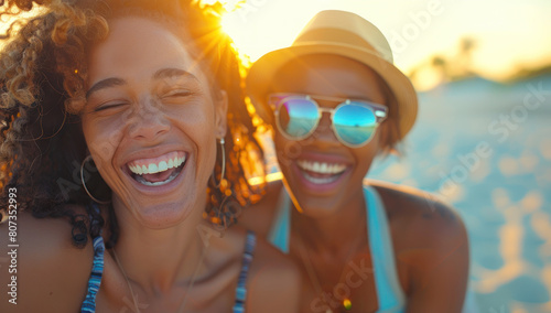 Portrait two young women laughing beach sunset. Beautiful happiness and friendship. Summer vacation together, love and togetherness. With sun.
