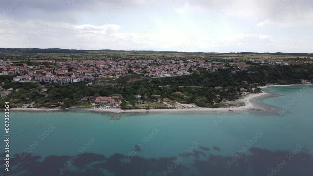 Aerial drone view on beach and sea in Afytos greece holiday and vacation concept Aerial drone view on beach and sea in Afytos greece holiday and vacation concept