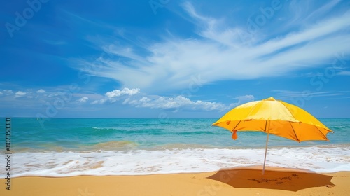 A vibrant beach umbrella provides shade on the sandy shore overlooking the sparkling ocean  with people enjoying the coastal natural landscape under a clear sky AIG50