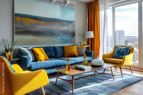 modern living room with blue sofa and yellow armchairs  interior design