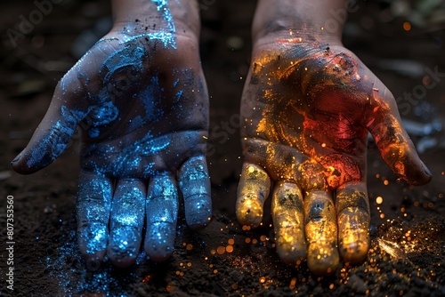 Close up photo of two human hands, stained with luminescent blue and yellow dye. Holi festival concept. photo