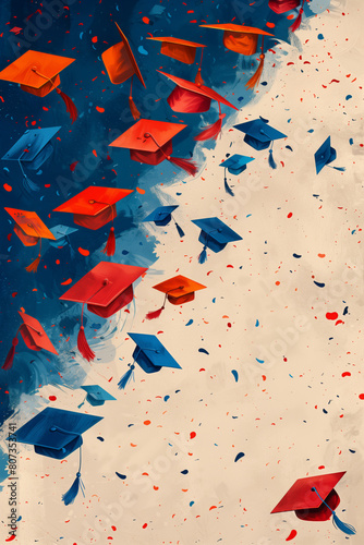 Flying graduation caps and confetti, graduation vertical banner,  illustration
