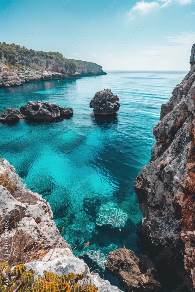 A serene body of water surrounded by rocks and grass. Perfect for nature-themed designs A serene body of water surrounded by rocks and grass. Perfect for nature-themed designs