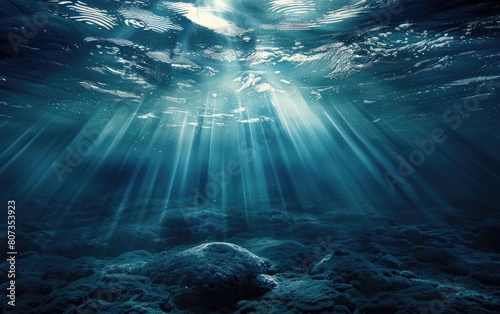 Sun rays penetrating deep, mysterious blue ocean waters.