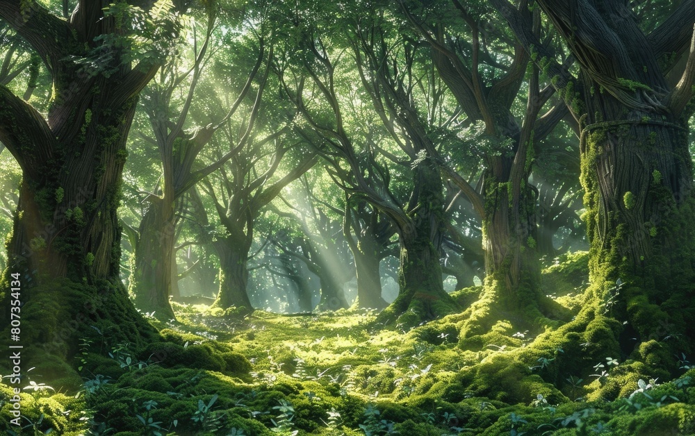 Sunlight filters through towering trees in a lush, moss-carpeted forest.
