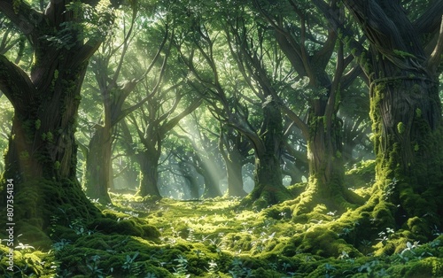 Sunlight filters through towering trees in a lush  moss-carpeted forest.