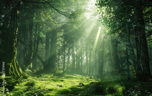 Sunlight filters through towering trees in a lush  moss-carpeted forest.