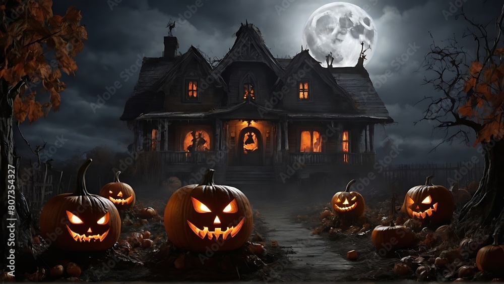 Eerie Atmosphere: Big Super moon Amidst Horror Pumpkins Eerie Atmosphere: Big Super moon Amidst Horror Pumpkins