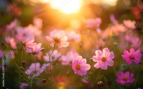 Sunlit field of delicate pink cosmos flowers under a soft  glowing sunset.