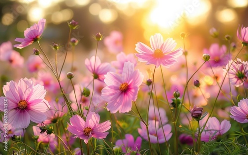 Sunlit field of delicate pink cosmos flowers under a soft, glowing sunset.