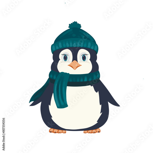 Sticker of a cute penguin with a green scarf and hat