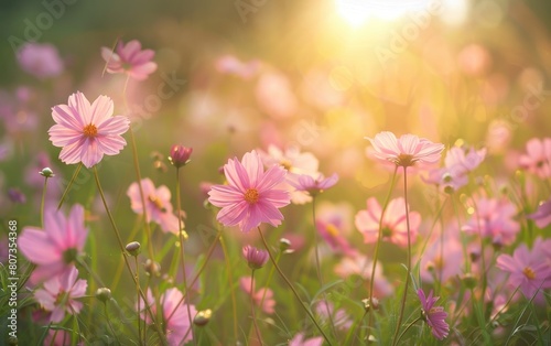 Sunlit field of delicate pink cosmos flowers under a soft  glowing sunset.