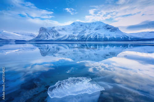 pristine iced lake reflecting towering snowy mountains