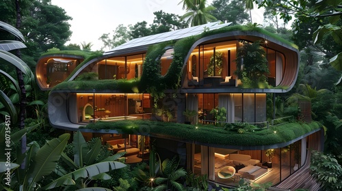 An architectural concept rendering of an eco-friendly house with green roofs and solar panels, set in a lush forest environment