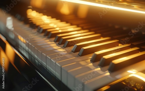 Sunlit sleek piano keys in a close-up view, evoking melodic elegance.
