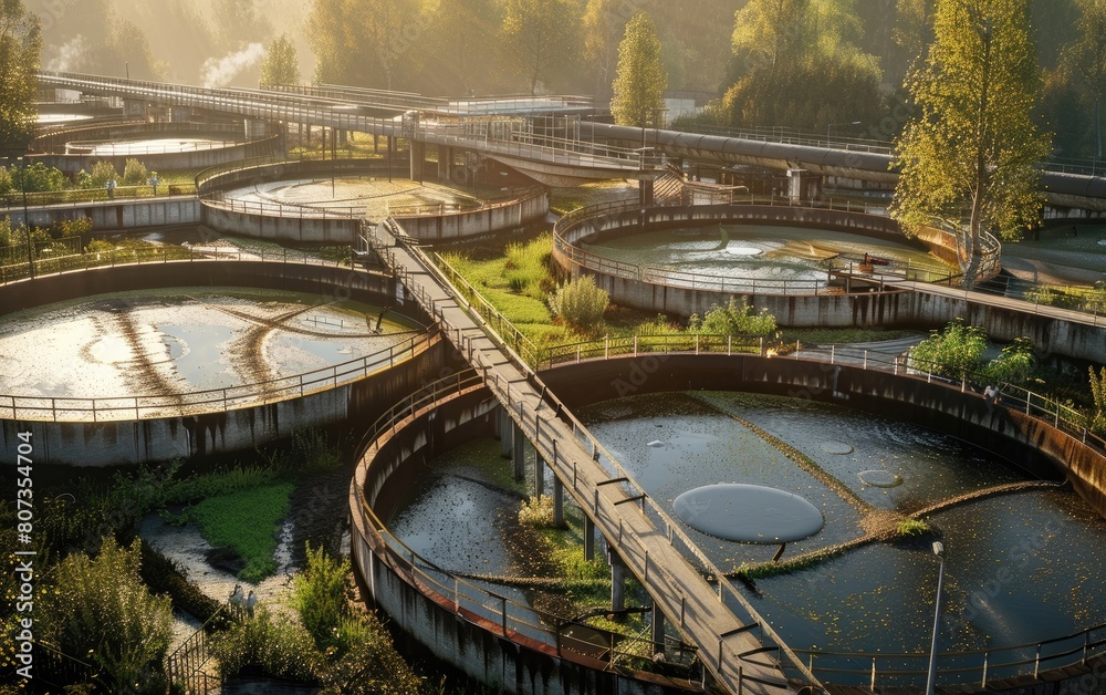 Sunlit water treatment plant with circular tanks and a footbridge.