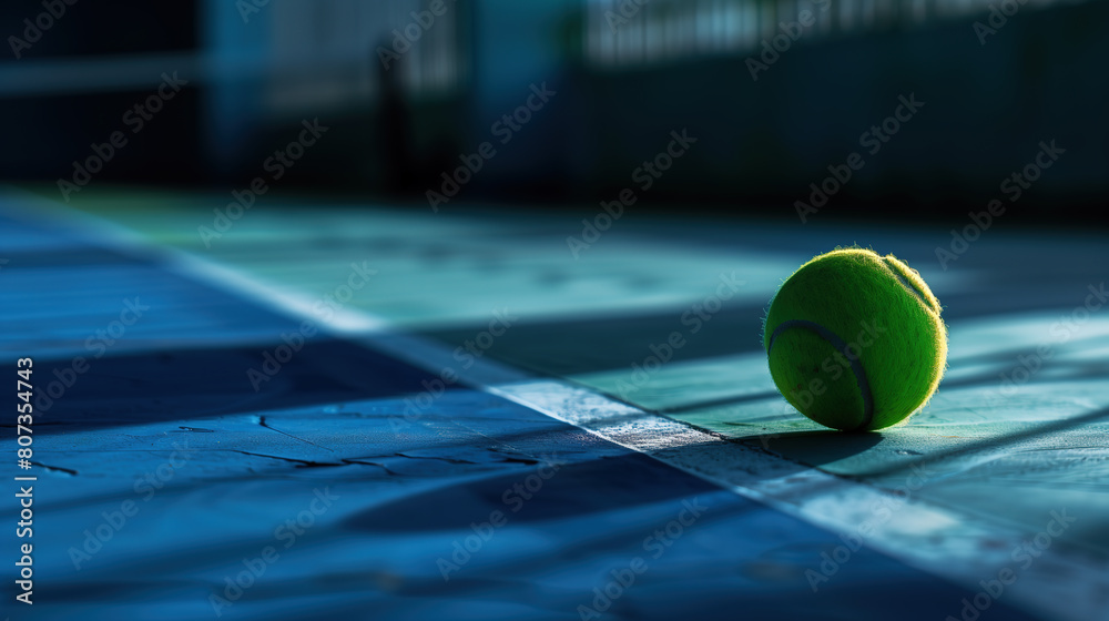 tennis ball whose shadow is crossing the line on the court, close-up