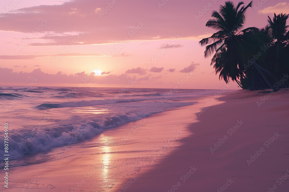 tropical beach at sunset, the sky painted in hues of pink and orange