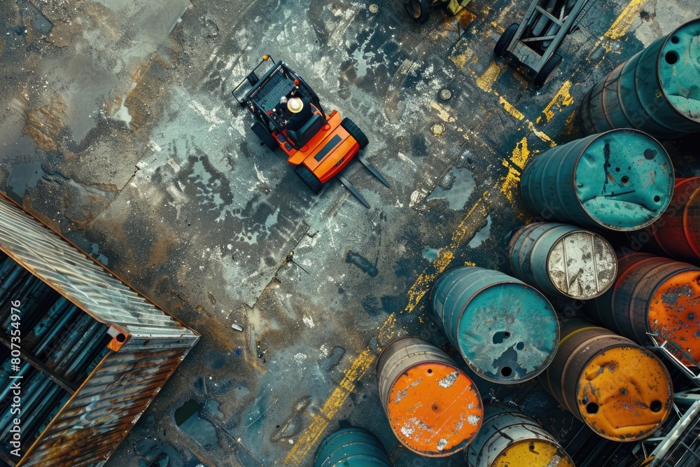 Fork truck parked next to barrels, suitable for industrial use Fork truck parked next to barrels, suitable for industrial use