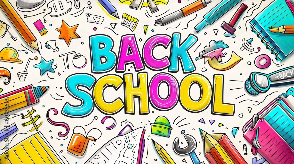 A vibrant and playful illustration featuring a variety of school supplies, emphasizing a fun back-to-school theme.