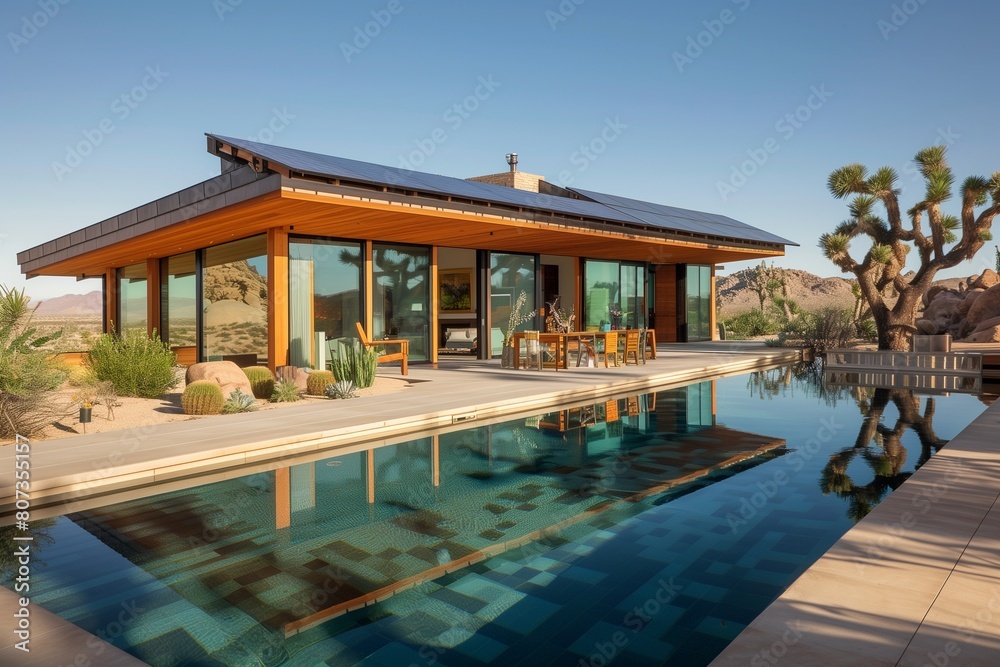 Eco-friendly desert retreat designed with sustainability in mind, featuring a solar-powered swimming pool, green roofing,
