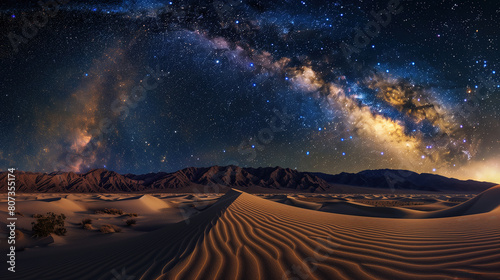 Fototapeta Naklejka Na Ścianę i Meble -  vast desert under a starry night sky, the Milky Way brightly visible above undisturbed sand dunes