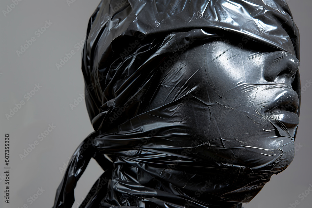 woman completely wrapped in a black plastic bag woman completely wrapped in a black plastic bag