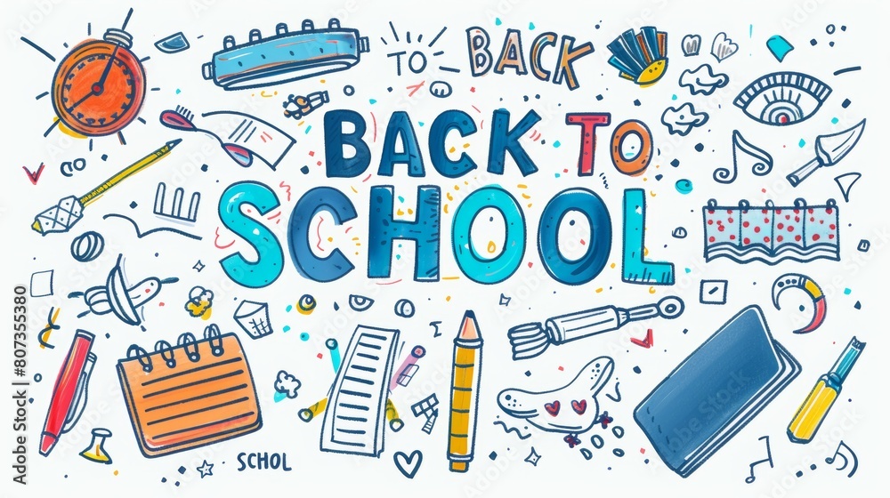 Fototapeta premium A vibrant and playful illustration featuring a variety of school supplies, emphasizing a fun back-to-school theme.