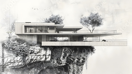 An engineering drawing of a cantilever house over a cliff, with detailed structural supports and panoramic views. photo