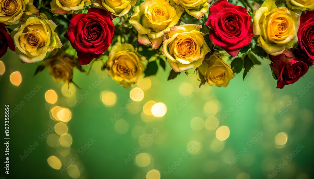 Elegant red and yellow roses suspended against a radiant green background Elegant red and yellow roses suspended against a radiant green background