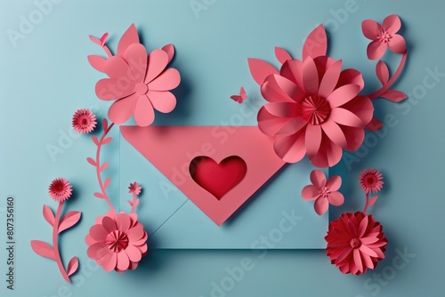 A pink envelope adorned with paper flowers and a heart cut out  perfect for love letters and romantic messages