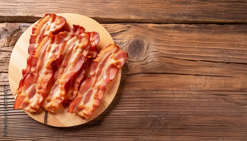 A plate of bacon is on a wooden table, with Room for Text.