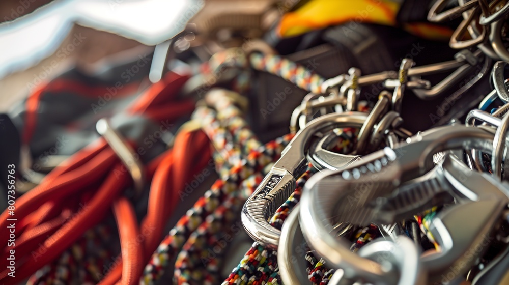 Adventure guide's climbing gear, close-up of carabiners and ropes, safety first Adventure guide's climbing gear, close-up of carabiners and ropes, safety first
