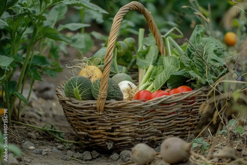 A wicker basket filled with a variety of fresh  colorful vegetables. Ideal for healthy eating concepts