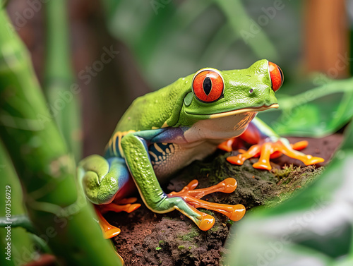 A Red-eyed tree frog on  the branch with blurred background.