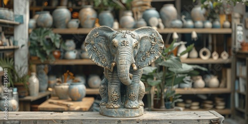 Discover tranquil vibes at the handmade pottery shop with an elegant elephant sculpture amidst earthy tones and minimalist decor.