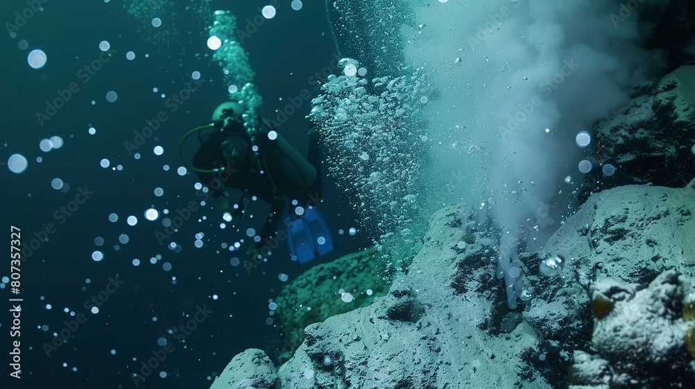 Diver near thermal vent, close-up of bubbles rising, mysterious deep-sea