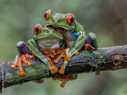 A pair of Red-eyed tree frog on  the branch with blurred background