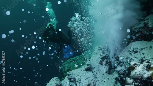 Diver near thermal vent, close-up of bubbles rising, mysterious deep-sea
