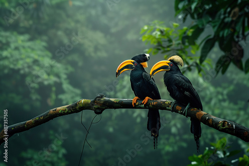 A pair of hornbills on a branch with blurred background.