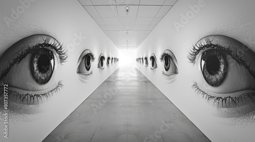 fearful interior design, multiple black eyes stare from the white ceiling and walls in an empty room, symbolizing human anxiety and fear of confinement photo