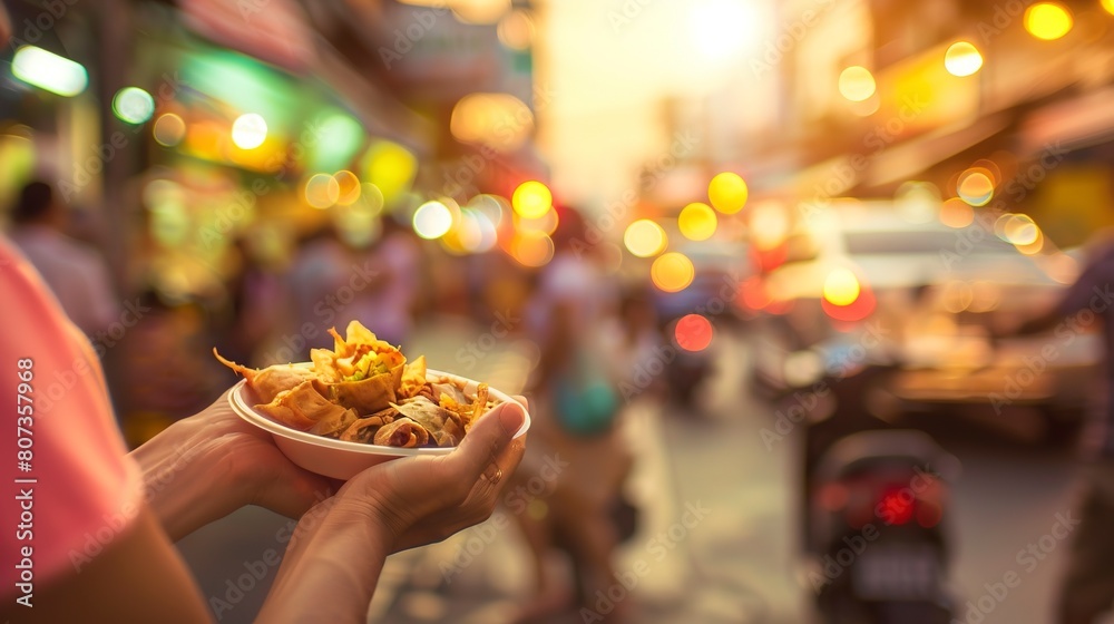 Traveler enjoying street food, close-up on hands holding a local delicacy, bustling city scene behind, vibrant colors Traveler enjoying street food, close-up on hands holding a local delicacy, bustling city scene behind, vibrant colors
