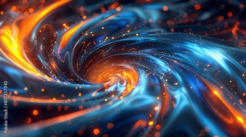An abstract background with swirling colors of blue and orange with golden glowing lights.
