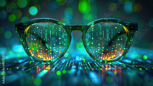 Glasses background binary code. Futuristic cyber technology. Virtual glasses global network, modern digital with glowing data and abstract information. Innovation in communication and connection. © remake