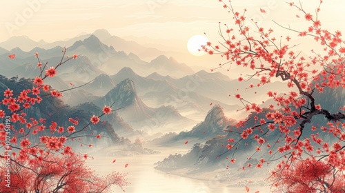 A layered abstract art background with mountains and flowers in the foreground. This is followed by mountains and a ray of sun in the background.