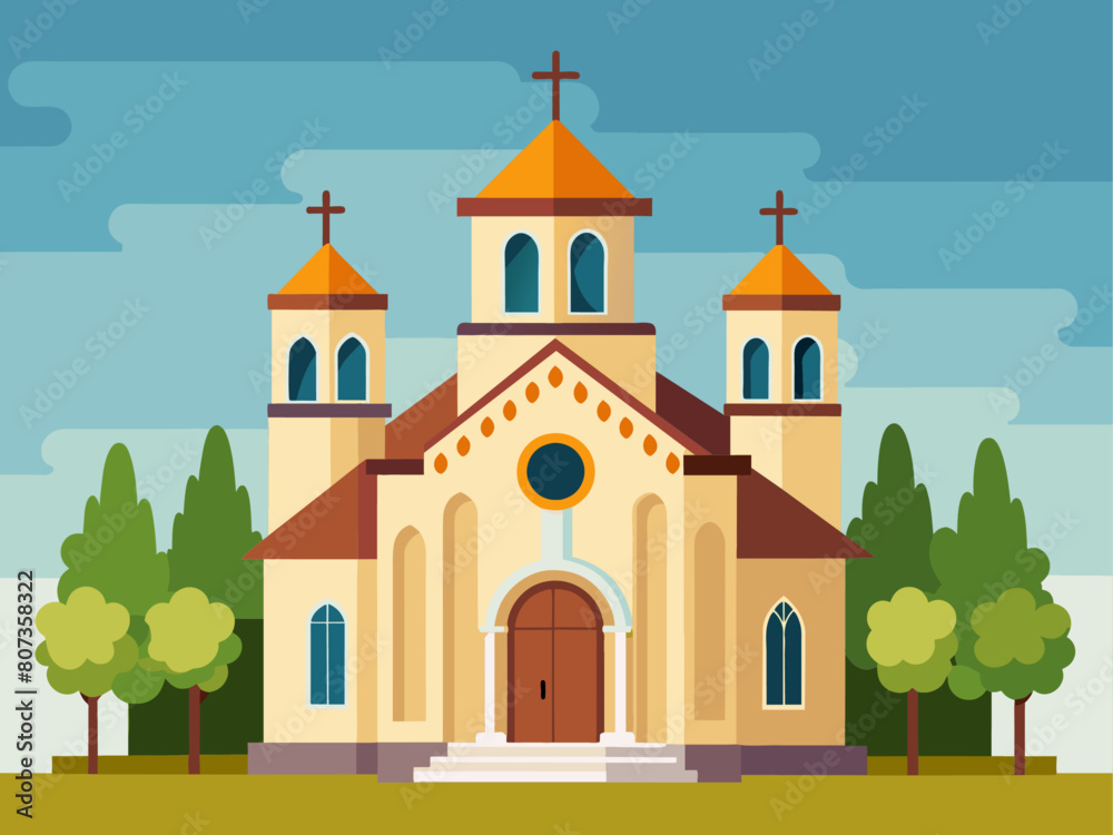 Flat design christian church building. Vector illustration for religion architecture design. Cartoon church building silhouette with cross, chapel, fence, trees. Catholic holy traditional symbol. Flat design christian church building. Vector illustration for religion architecture design. Cartoon church building silhouette with cross, chapel, fence, trees. Catholic holy traditional symbol.