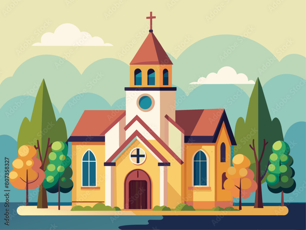 Naklejka premium Flat design christian church building. Vector illustration for religion architecture design. Cartoon church building silhouette with cross, chapel, fence, trees. Catholic holy traditional symbol.